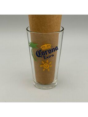 Corona Extra Pint Glass Tropical Design 16 Oz Clear With Palm Tree & Sun Accents